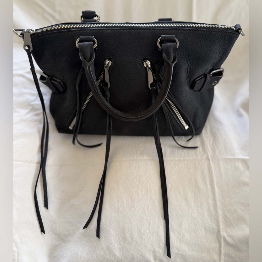 Rebecca Minkoff Black Pebbled Suede Moto Satchel Crossbody Top Handle Handbag - Picture 3 of 9